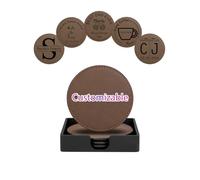 PiercingJak 5 Pcs Personalised Leather Coasters with Holder Perfect Housewarming Gifts Custom Bar Coasters for Drinks with Monogram Engraved Funny Coasters Wedding Decoration Round Brown