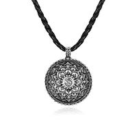 PiercingJak Black PU Leather Chakra Necklace Lotus Flower Pendant with Om Ohm Aum Symbol - Spiritual Jewelry Gift for Men