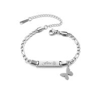 PiercingJak Custom Name Bar ID Bracelets Personalized Stainless Steel Engrave Crown Butterfly Star Heart Charm Figaro Bracelet Customized Jewelry for Birthday Christmas Mother's Day