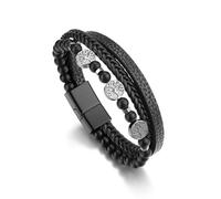 PiercingJak Life Tree Leather Bracelet for Men Multi-Layer Braided Natural Stone Tiger Eye Black Agate Beads Cuff Wristband Anniversary Birthday Christmas Jewelry Gifts for Him