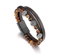PiercingJak Life Tree Leather Bracelet for Men Multi-Layer Braided Natural Stone Tiger Eye Black Agate Beads Cuff Wristband Anniversary Birthday Christmas Jewelry Gifts for Him