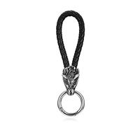 PiercingJak Men Black Genuine Leather Norse Wolf Head Keychain Stainless Steel Vintage Nordic Mjolnir Key Rings Wolf Amulet Pendant Celtic Pagan Symbol Key Chain