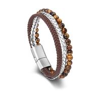 PiercingJak Mens Bead Leather Bracelet 6mm Obsidian Tiger Eye Stone Black Braided Leather Wristband Stainless Steel Cuban Chain Beaded Layered Cord Bangle Jewelry for Men
