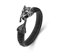 PiercingJak Men's Stainless Steel Wolf Head Viking Bracelet - Vintage Wolf Head Gothic Black Leather Braided Wristband