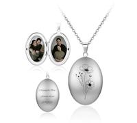 PiercingJak Personalised 2 Pictures Locket Necklace Custom Birth Flower Stainless Steel Oval Memorial Locket That Hold 2 Pictures Jewelry Gift for Women 24 inch