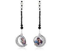 PiercingJak Personalised Photo Car Hanging Double Side Picture Frame Holder Car Accessories Full Color Custom Rotating Crescent Moon Pendant Ornament for Rear View Mirror Car Hanging Charm