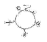 PiercingJak Travel Gifts Bracelet Passport Airplane Earth Heart Camera Charm Bracelets Stainless Steel Link Chain for Men Women Inspiration Jewelry for Travel Graduation Gift