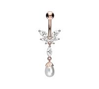 PIERCINGLINE 316L Surgical steel belly button ring dangle with brass design BUTTERFLY + SYNTHETIC PEARL Navel Ring Belly Piercing 14G