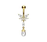 PIERCINGLINE 316L Surgical steel belly button ring dangle with brass design BUTTERFLY + SYNTHETIC PEARL Navel Ring Belly Piercing 14G