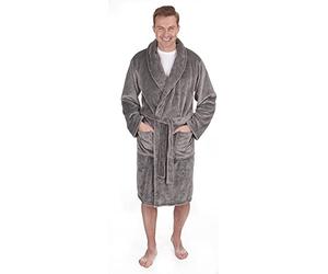 Pierre Roche Mens Dressing Gown Robe Flannel Shawl Collar Nightwear Soft Fleece Grey