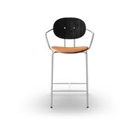 Piet Hein Barstool Chrome with Armrests Black Oak and Cognac Leather