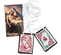 Pieta Scapular Wool Necklace with Marian Rose Design and Holy Card | Two Embroidered Cloth Panels White Cord Includes The Pieta Prayer Card Catholic Devotional Gift
