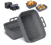 Pietuley Silicone Air Fryer Liners for Ninja Dual Pot, 2PCS Foldable Tower Basket, Accessories Reusable Insert, Rectangle Airfryer Baking Tray (Grey)