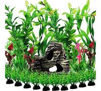 PietyPet Fish Tank Accessories Aquarium Decorations Rock Plants, 20pcs Green Fish Tank Decorations Plants and Cave Rock Decoration Decor Set, Fish Tank Decor, Aquarium Decor Plastic Plants