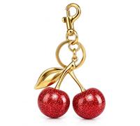 Piewbsh Red Glitter Cherry Keyring, Cherry Bag Charm with Lobster Clasp | Gold-Tone Leaf Detail, Glossy Finish, Clip and Key Ring for Handbags, Totes and Backpacks