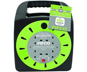 PIFCO Extension Reel Electric Wire Heavy Duty 5M, 10M and 25M Cable in 2 Way and 4 Way Socket Plug with Thermal Fuse and Re-Settable Safety Cutout-13A 230-240V (4 Way 25 Meter)