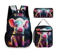 Pig Backpack 3 Piece Set for Girls Age 7, Colourful Piglet School Backpack with Lunch Tote and Pencil Case Year 1 for Girls Weekend Adventures Sports Practice and Family Travel