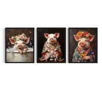 Pig Bathroom Art Print Poster, (Set of 3) Vintage Animal Wall Art Painting Wildlife Farmhouse Cute Artwork for Restroom, Shower Bath Gifts Decor AAA2 (Pig, 8 x 10 inches (3 Panels), Unframed)