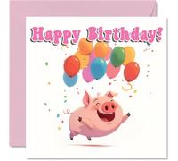 Pig Birthday Cards - Balloon Animals - Happy Birthday Card for Son Daughter Brother Sister Grandson Granddaughter Niece Nephew Cousin, 145mm x 145mm Bday Greeting Cards