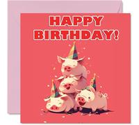 Pig Birthday Cards for Her Him - Party Animals Pyramid - Happy Birthday Card for Mum Dad Brother Sister Auntie Uncle Cousin Friend Family Colleague 145mm x 145mm Bday Greeting Cards