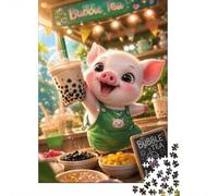 Pig Bubble Tea Dessert Jigsaw Puzzle, 1000 Pcs Indoor Adult Game | 38x26cm Cardboard Brain Workout, Tight Puzzle Fit, Friend Gift, Living Room Accent