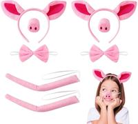 Pig Costume Set Pig Costume Accessory Kit Pink Pig Animal Costume Accessories Set Pig Ears Nose Tail and Bow Tie Pig Fancy Dress Costume Kit for Kids Halloween Birthday Party Favor (8)