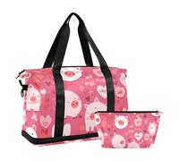 Pig Country Style Valentine's Day Peach Gym Bag Carry-on Weekender Overnight Bag with Toiletry Bag for Hiking Large Capacity, Pig Country Style Valentine's Peach, 1 Size, pig rural style valentines