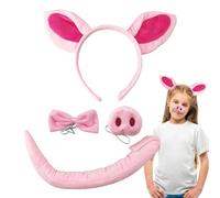 Pig Ears Costume Set, 4-Piece Plush Pig Ears and Nose Kit with Tail and Bowtie, Soft Comfortable Animal Dress-Up Accessories for Halloween, Party, Cosplay, and Role Play Events