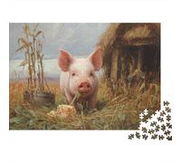 Pig Eating Hay Jigsaw Puzzle for Adults, 1000 Pieces, 38x26cm/1000pcs, A Calm After-work Activity; Low-dust Pieces for A Tidier Table
