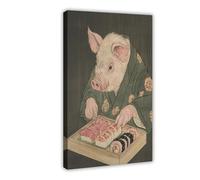 Pig Eating Sushi Kitchen Poster Canvas Poster Bedroom Decor Landscape Office Room Decor Gift 08x12inch(20x30cm)