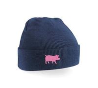 Pig Embroidery Beanie Hat | Farm Animal Knitted Winter Cap for Adults | Unisex Soft Warm Headwear Pink