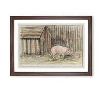 Pig in A Farm by Theo Van Hoytema Framed Print | A2 Walnut Framed Wall Art | Ready to Hang | Modern Nature Picture | Living Room Bedroom Lounge Office