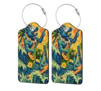 Pig Surfing On Waves Playing Guitar Luggage Tag for Suitcase 2 Pack Leather Luggage Tag with Privacy Flap Name Id Label and Metal Loop for Women Men Travel