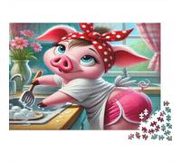 Pig Washing Dishes Jigsaw Puzzle Cute Pig with Bow 1000 Pieces Premium Cardstock 100% Recycled for Seniors Brain Gift Puzzle 38x26cm/1000pcs