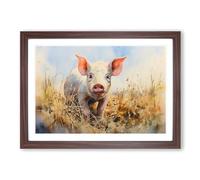 Pig Watercolour Art Framed Print | A2 Walnut Framed Wall Art | Ready to Hang | Modern Historical Picture | Living Room Bedroom Lounge Office