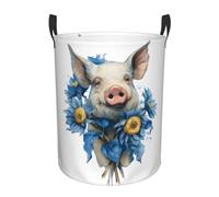 Pig With Blue Sunflower Printed Round Foldable Laundry Hamper With Handles, 38.1l/62.8l Large Waterproof Oxford Cloth Storage Basket Collapsible Dirty Clothes Bin For Bedroom, Bathroom, Dorm & Travel