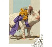 Pig with Flowers And Bow Jigsaw Puzzles Puzzles for Adults Kids. 1000 Pieces Impossible Challenge Toy Educational Game Home Decoration for Educational Games Gifts 70x50cm/1000pcs