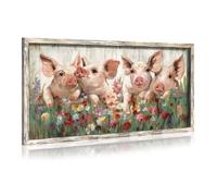 Pig Wooden Framed Wall Art: Rustic Farmhouse Artwork Funny Cute Pink Piggy Farm Animal Picture Print Countryside Flower for Bedroom Bathroom Kitchen Nursery House Living Room