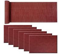 Pigchcy Elegant Placemats and Table Runner Set, Washable Crosswoven Vinyl, 6pcs Placemats + 1pcs Runner, Burgundy Red