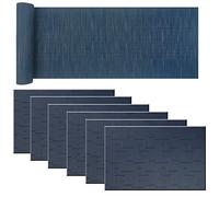pigchcy Elegant Placemats with Matching Table Runner,Washable Vinyl Woven Table Mats Sets(6pcs Placemats+1pcs Table Runner,Same Style,Midnight Blue)