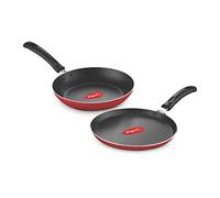 Pigeon Aluminium Nonstick Duo Pack Flat Tawa 250 and Fry Pan 200 Gift Set (Red)