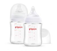 Pigeon Glass Nursing Bottle Wide Neck, Streamlined Body, Natural Feel, Easy to Clean, Heat-Resistant, 5.4 Oz(Pack of 2), Includes 2pcs SS Nipples (0m+)