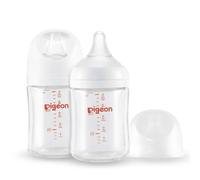 Pigeon Glass Nursing Bottle Wide Neck, Streamlined Body, Natural Feel, Easy to Clean, Heat-Resistant, 5.4 Oz(Pack of 2), Includes 2pcs SS Nipples (0m+)