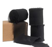 PIGETALE 3 Rolls 1-1/2 Inch Black Chiffon Silk Ribbon 16.5 Yards Handmade Tulle Fabric Fringe Frayed Ribbons for Wedding Invitations Bridal Bouquets Gifts Wrapping Bow Making DIY Crafts Home Decor