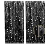 PIGETALE Metallic Tinsel Curtain Party Backdrop, 2pcs 3.2 x 8.2ft Black Foil Fringe Curtains Background, Aluminum Foil Flow Silk Streamers Curtain for Birthday Wedding Halloween Christmas Decorations