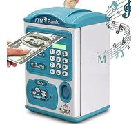 Piggy Bank Money Machine with Fingerprint& Password Code Mini ATM Coin Can Electronic Auto Scroll Paper Saving Box Toy(Blue)