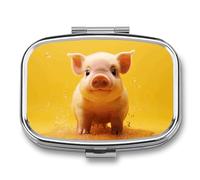 Piggy is Jumping Square Pill Box Travel Portable Pill Case 2 Compartment Medicine Metal Tablet Vitamin Holder Organizer for Purse Pocket