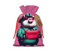 piggy print Large Christmas bag, reusable drawstring linen packet, Birthday Parties Supplies