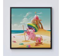Piglet On A Beach Holiday Framed Canvas Warren Reed - Designer Black w40_inch_x_h40_inch