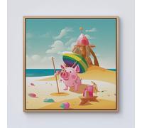 Piglet On A Beach Holiday Framed Canvas Warren Reed - Designer Light Brown W16 inch x H16 inch
